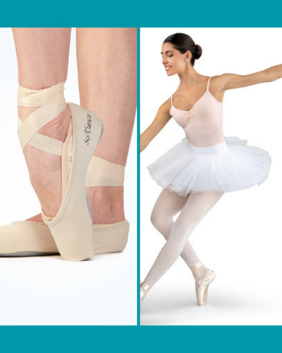 Nahaufnahme von Ballettschuhen an den Füßen und einer Ballerina, die in einem weißen Tutu und einem rosa Trikot auf der Spitze tanzt.