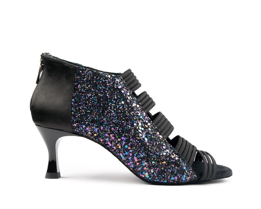 Portdance PD811 PRO Tanzschuhe: Schwarze Glitzer-Absatzsandale mit mehreren Riemen und Reissverschluss.