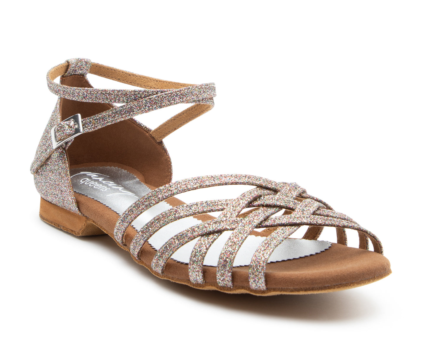 Glitzernde Riemchensandale mit niedrigem Absatz und Knöchelriemen in glänzender, glitzernder Ausführung.