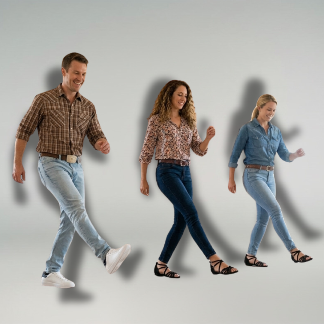Drei Personen in Freizeitkleidung gehen lächelnd vorwärts und werfen Schatten auf einen hellen Hintergrund.