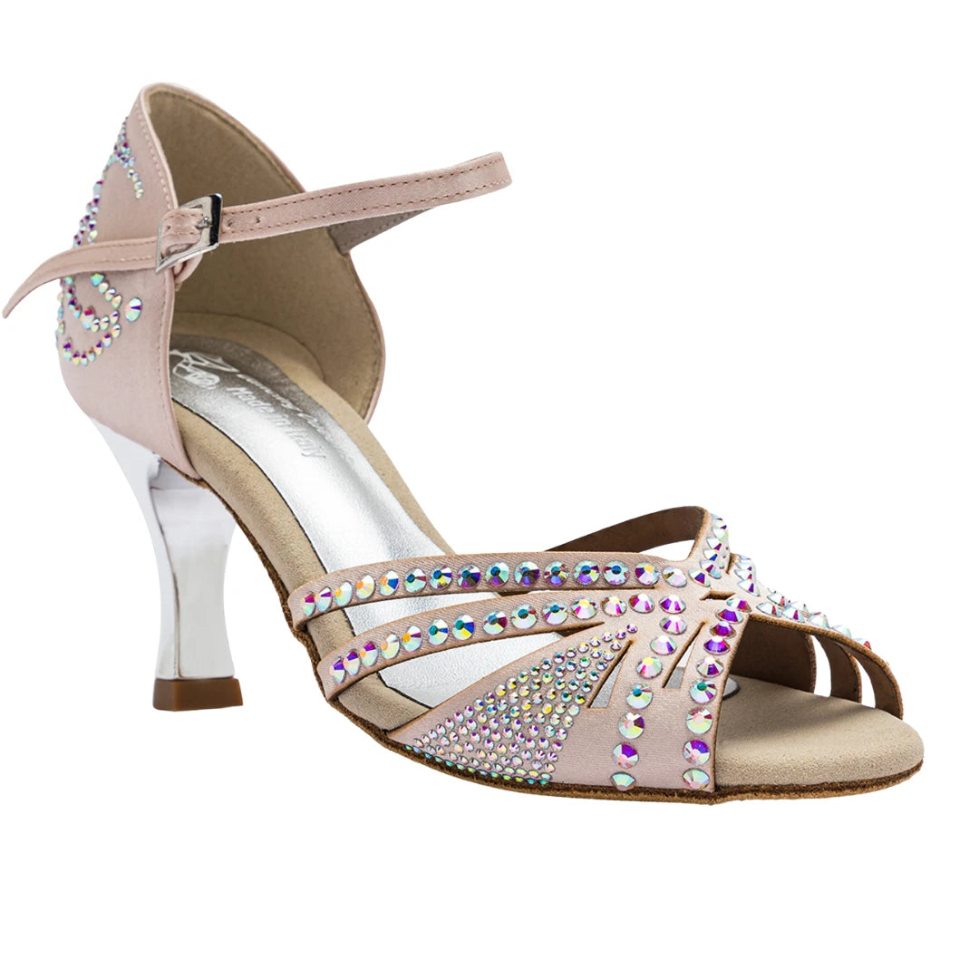Rosafarbener, zehenoffener Tanzschuh mit Knöchelriemen, Strassverzierungen und einem mittleren Absatz.