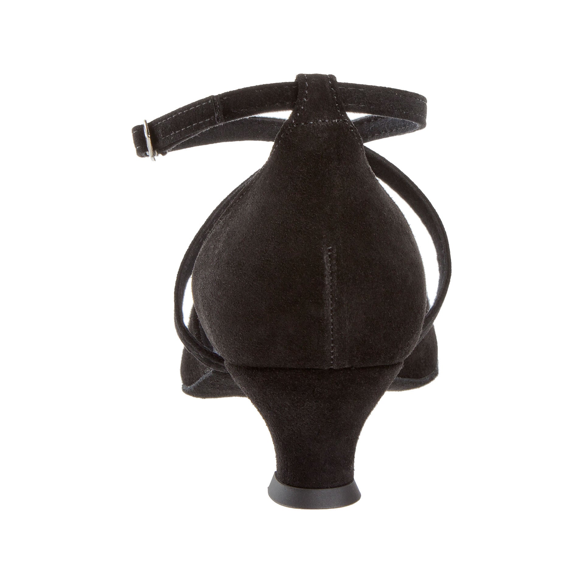 Rückansicht von Diamant 048 Tanzschuhen in Schwarz Wildleder mit Knöchelriemen auf weißem Hintergrund.