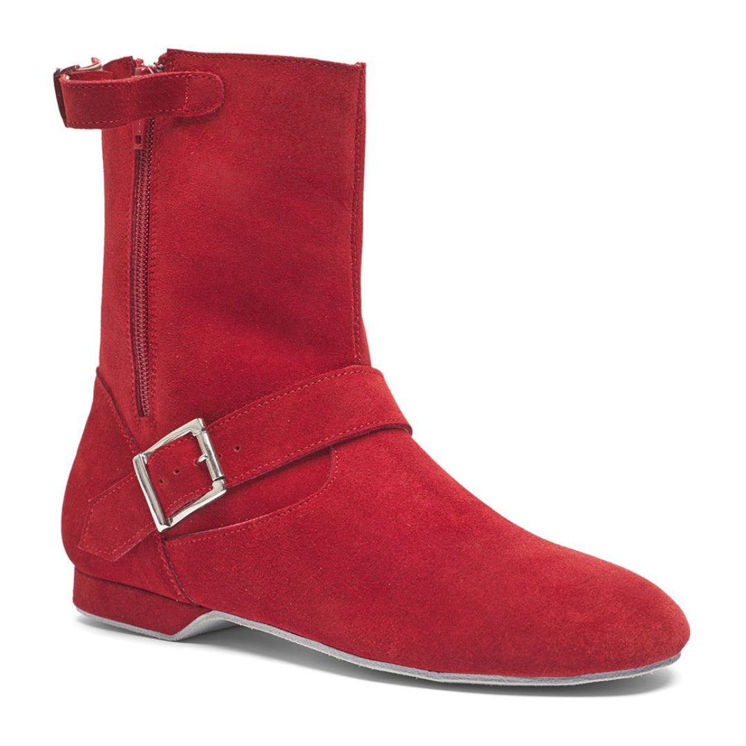 8855 niedrige West Coast Swing Stiefel von Rumpf in Rot mit Teilwildledersohle, Seitenreißverschluss und silberner Schnalle.
