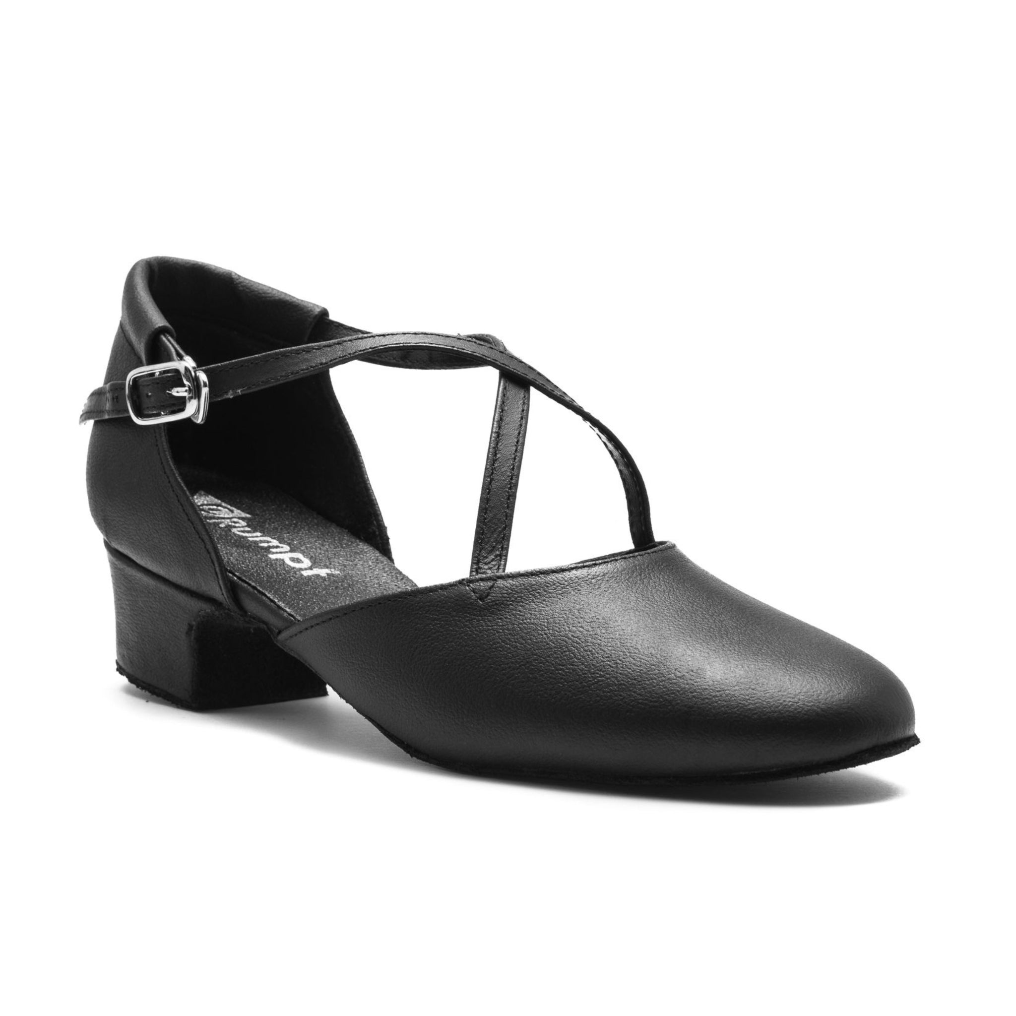 Die 2021 Broadway Tanzschuhe von Rumpf in Schwarz verfügen über einen niedrigen Absatz, Kreuzriemen und eine kleine Schnalle für Vielseitigkeit.