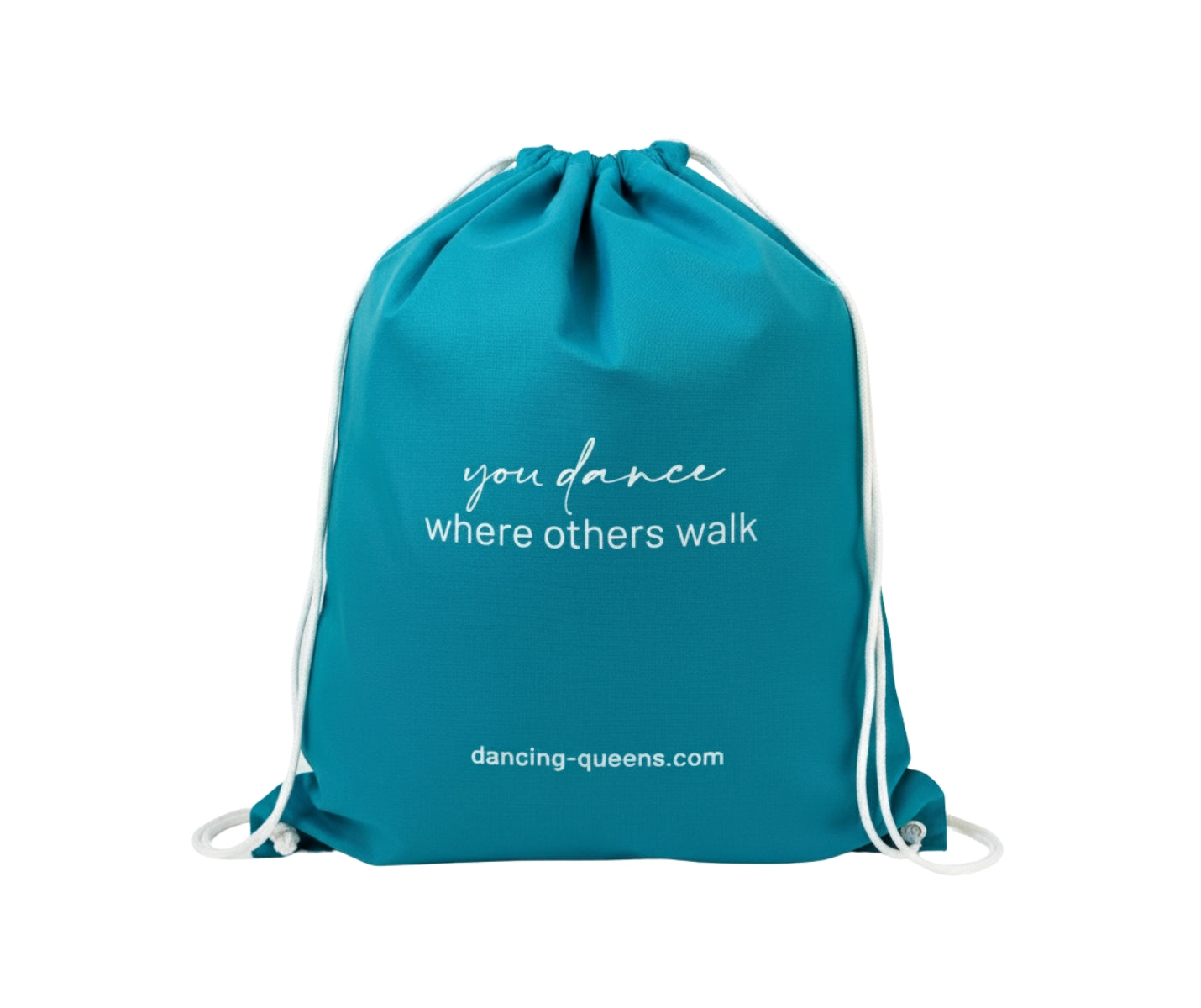 Blau/Weißes Tanzschuh-Säckchen von Dancing Queens mit dem Text: you dance where others walk.