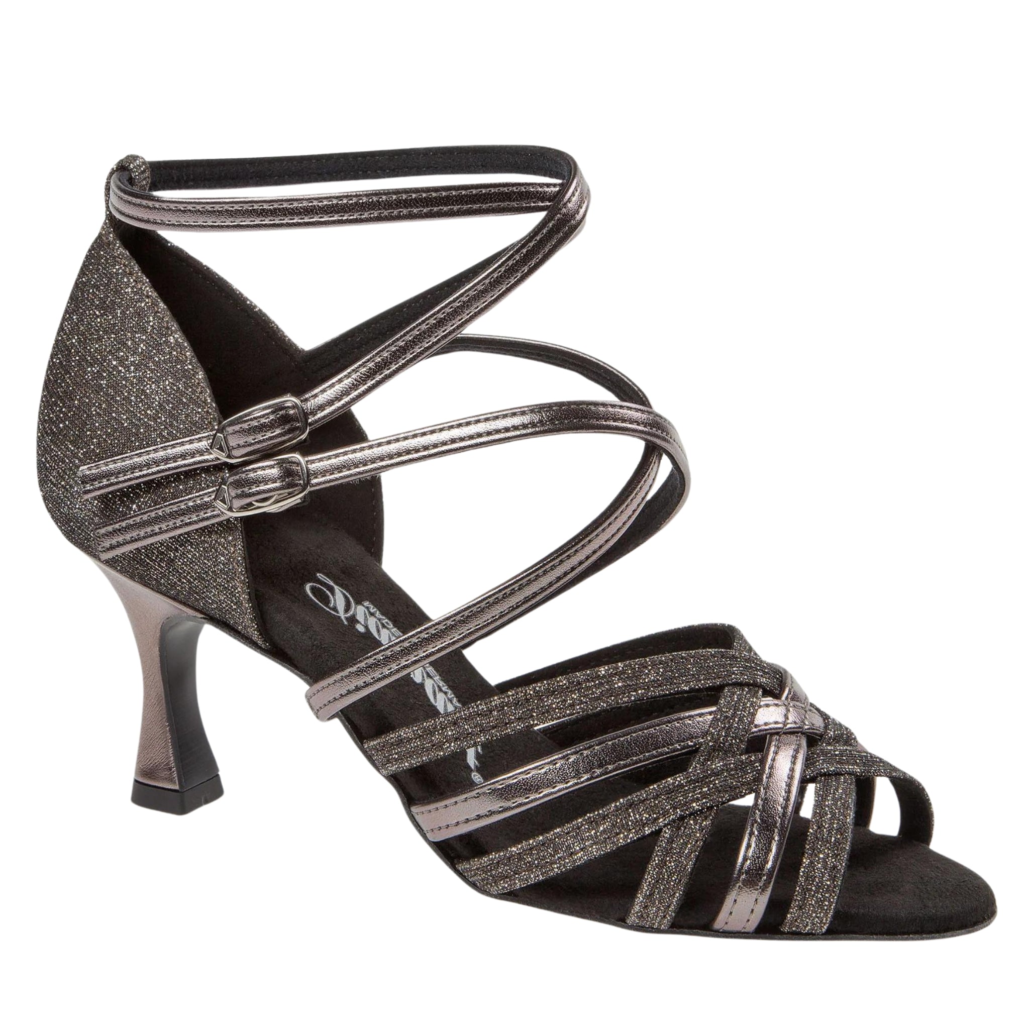 Diamant 108 Tanzschuhe in Anthrazit verfügen über metallische Riemen, glitzernde Akzente, eine geschlossene Ferse und eine offene Spitze.