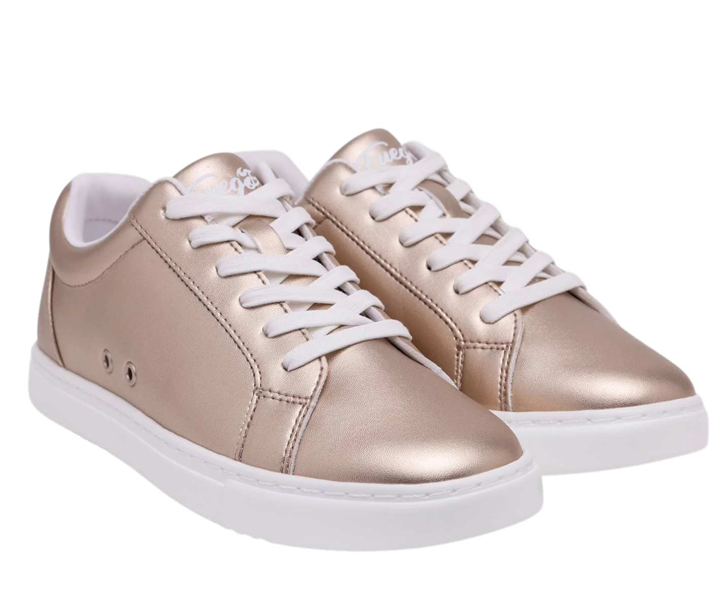 Fuego Low-Top Dance Sneakers in Rosé Gold von Fuego Dance Shoes mit weißen Schnürsenkeln, abgebildet auf einem weißen Hintergrund.