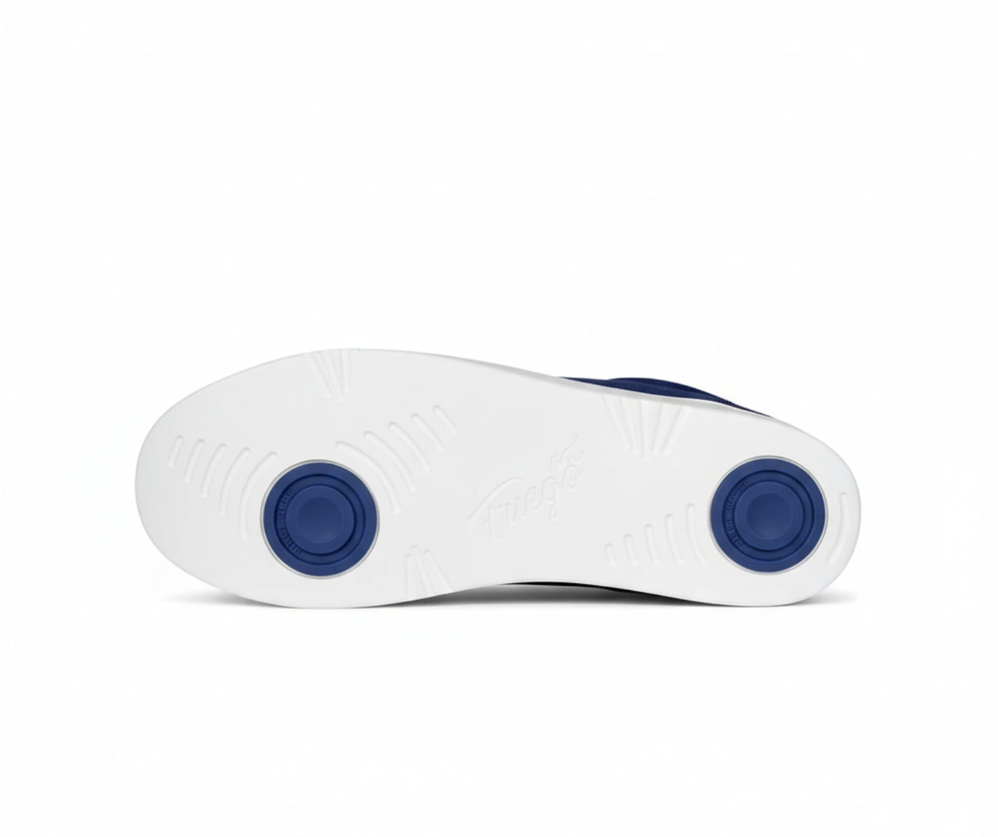 Die Fuego Low-Top Dance Sneakers in Navy Blau haben eine weiße Sohle mit blauen Drehpunkten, die von unten zu sehen sind.
