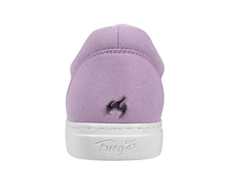 Rückansicht des lavendelfarbenen Low-Top-Tanz-Sneakers von Fuego Dance Shoes mit stoßdämpfender Innensohle und Fuego-Logo.