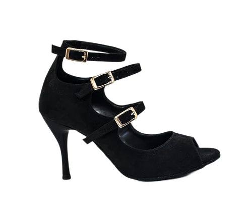 Lidmags 748 Black Suede: High Heel mit drei Riemen und goldenen Schnallen, für Komfort auf weißem Hintergrund.