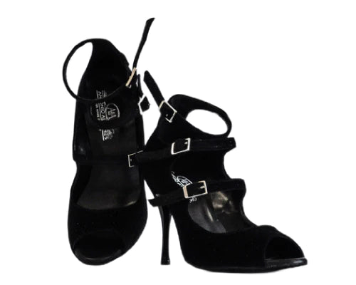 Schwarze 748 Black-Suede-Tanzschuhe von Lidmag mit Riemen und Schnallen auf weißem Hintergrund.