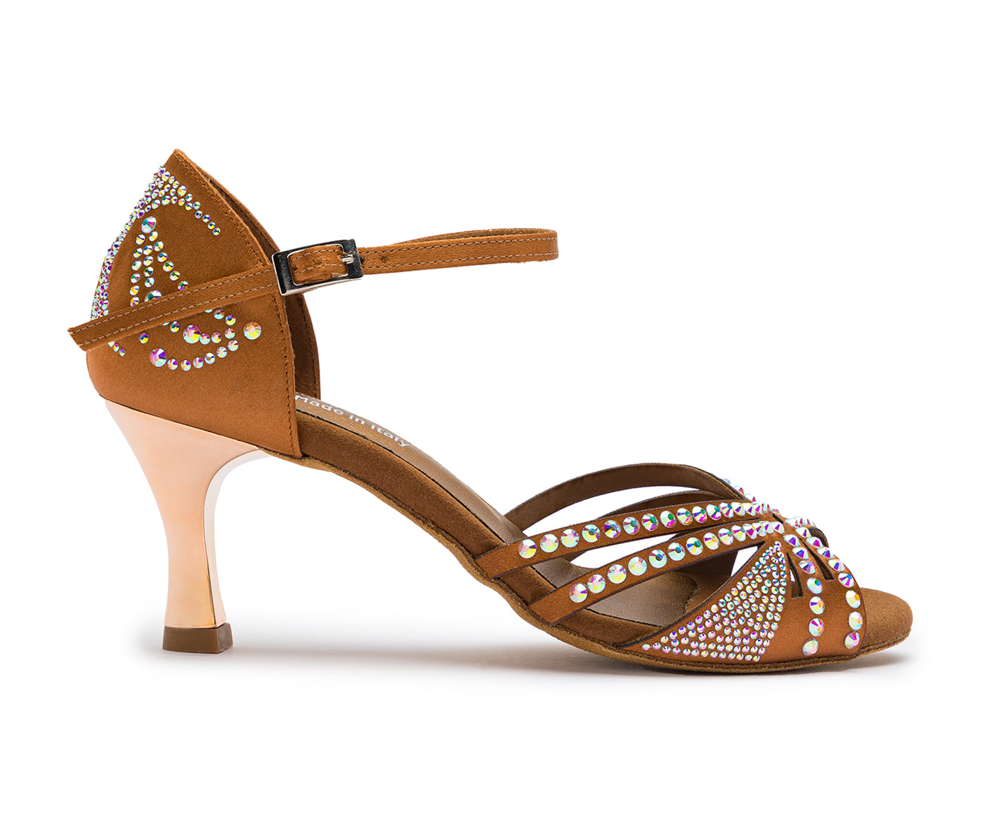 Sparkle Shine Tanzschuhe in Bronze Satin von Dancing Queens, Riemchen mit Strass, ideal für Salsa (Seitenansicht).