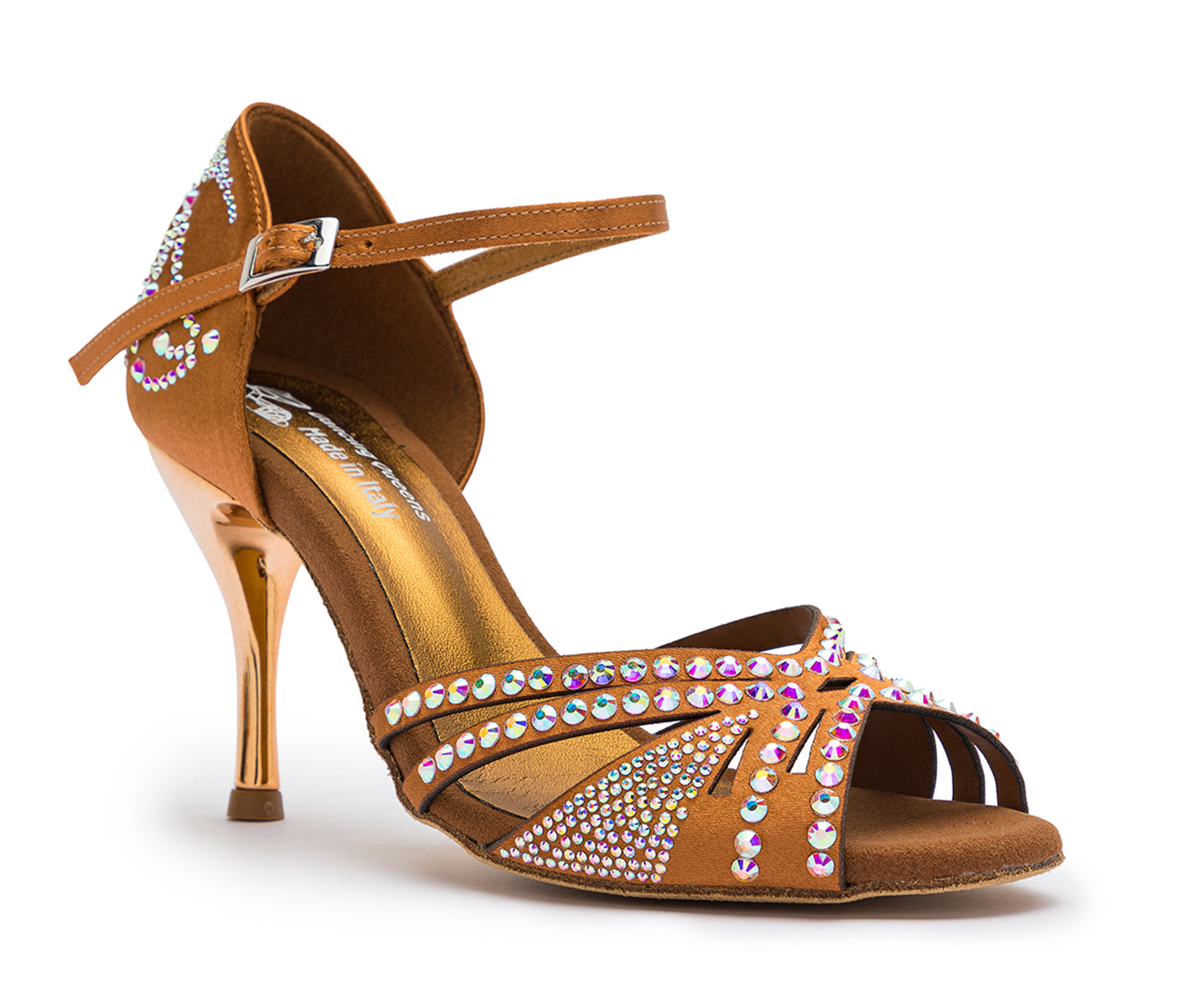 Bronzefarbene DQ L3M Tanzschuhe von Dancing Queens; Strasssteine, Knöchelriemen und High Heels – ideal für Salsa.