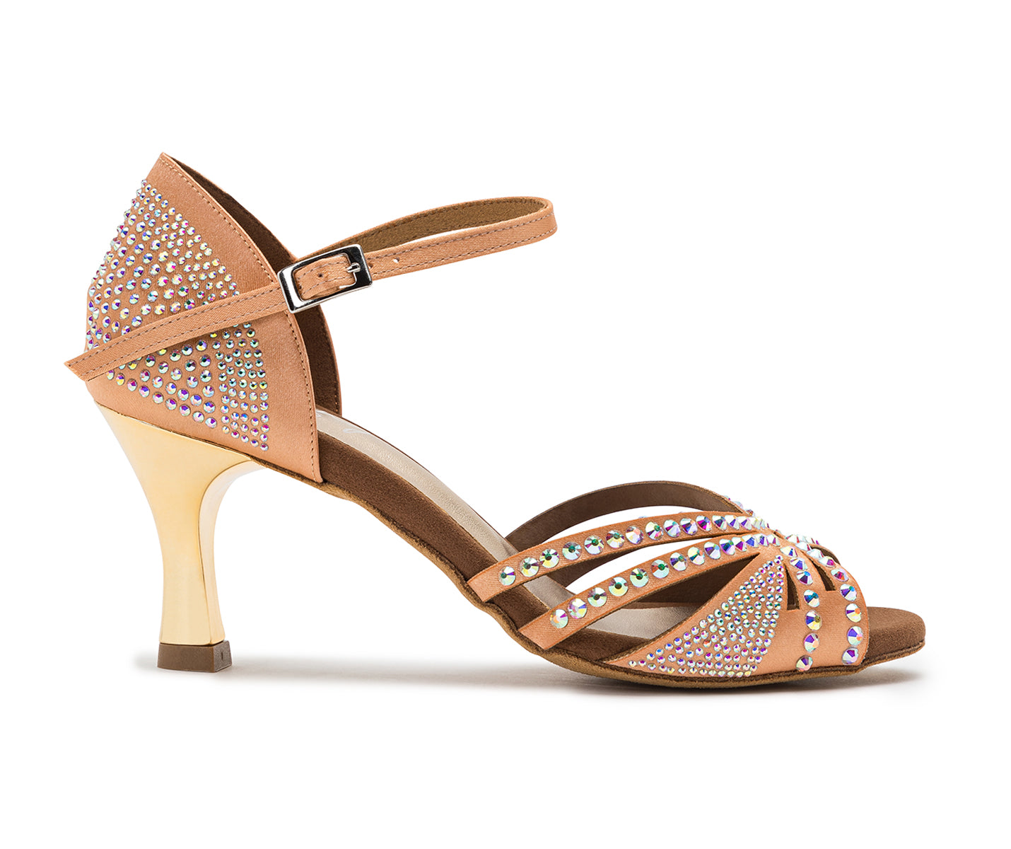 Sparkle Shine Tanzschuhe in Nude Satin von Dancing Queens haben einen Knöchelriemen und funkelnde Strasssteine.