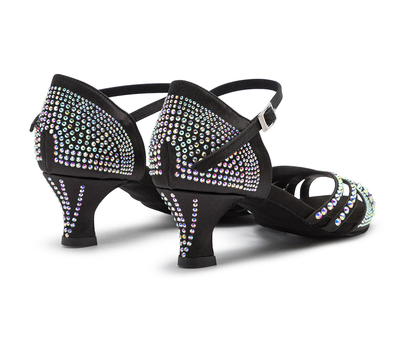DQ L3M Tanzschuhe von Dancing Queens: Schwarzer Satin, Knöchelriemchen, Strass-Steinen, Rückansicht.