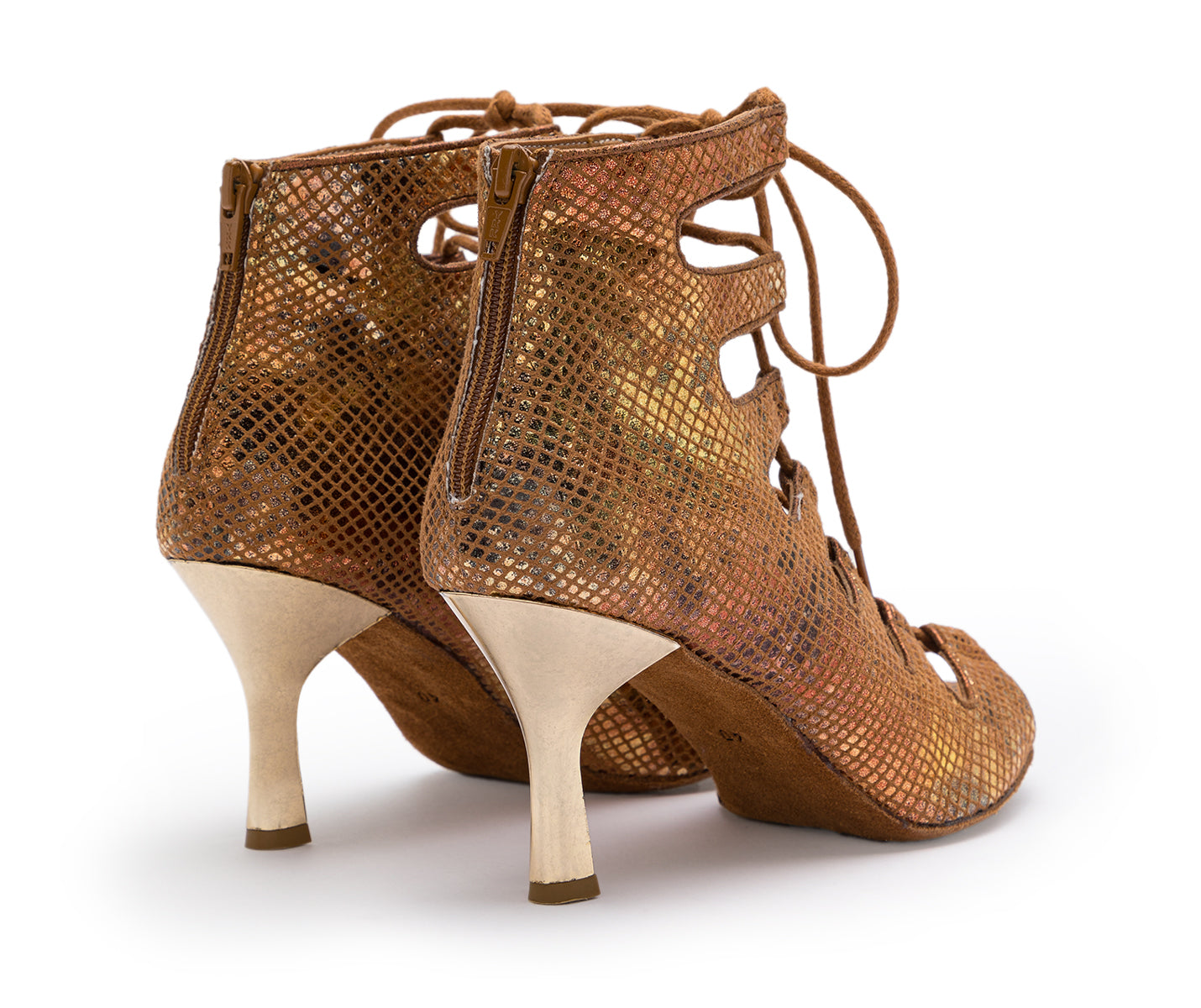 Dancing Queens Electra Tanzschuhe in Bronze Piton, stylische High Heels zum Schnüren mit Reißverschluss hinten.