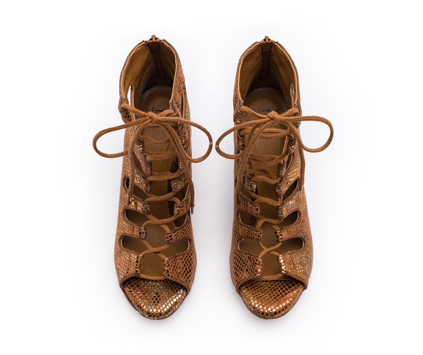 Electra Tanzschuhe in Bronze Piton von Dancing Queens, offene Schnürstiefeletten, ideal zum Salsa-Tanzen.