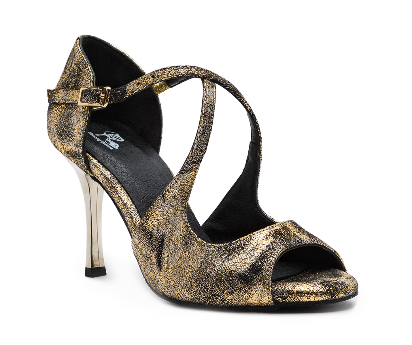 Die Orion Tanzschuhe in Gold von Dancing Queens sind funkelnde High Heel-Sandalen mit überkreuzten Riemchen und einer schmalen Schnalle.
