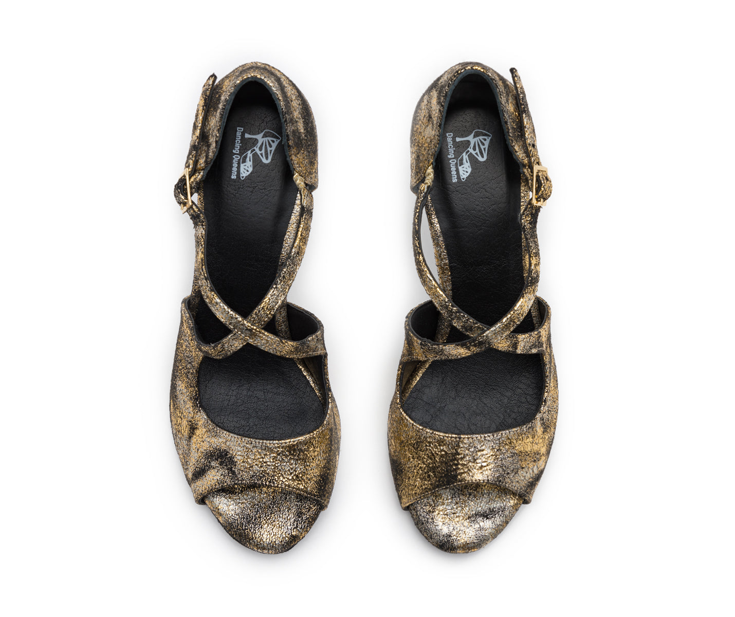 Orion Tanzschuhe in Gold von Dancing Queens, mit schwarzem Riemchendesign für guten Halt, von oben betrachtet.