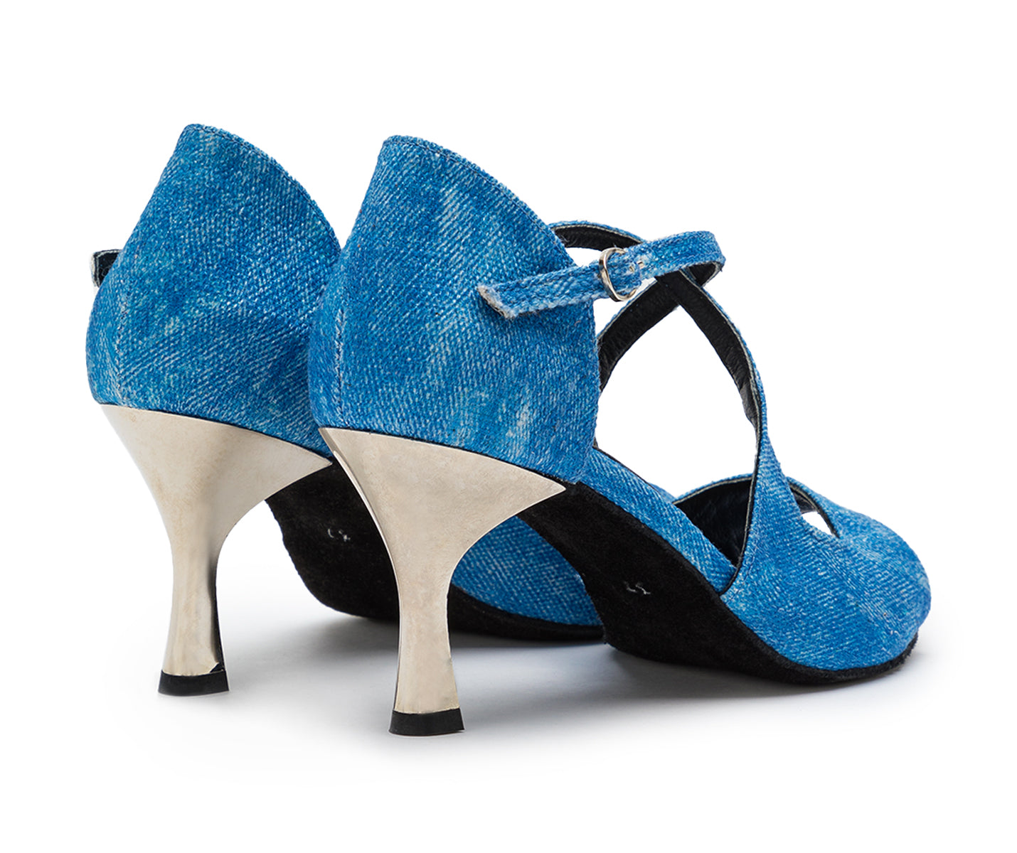 Orion Tanzschuhe in Blau Jeans, von Dancing Queens, mit Riemchen und silbernem Absatz von hinten gesehen.
