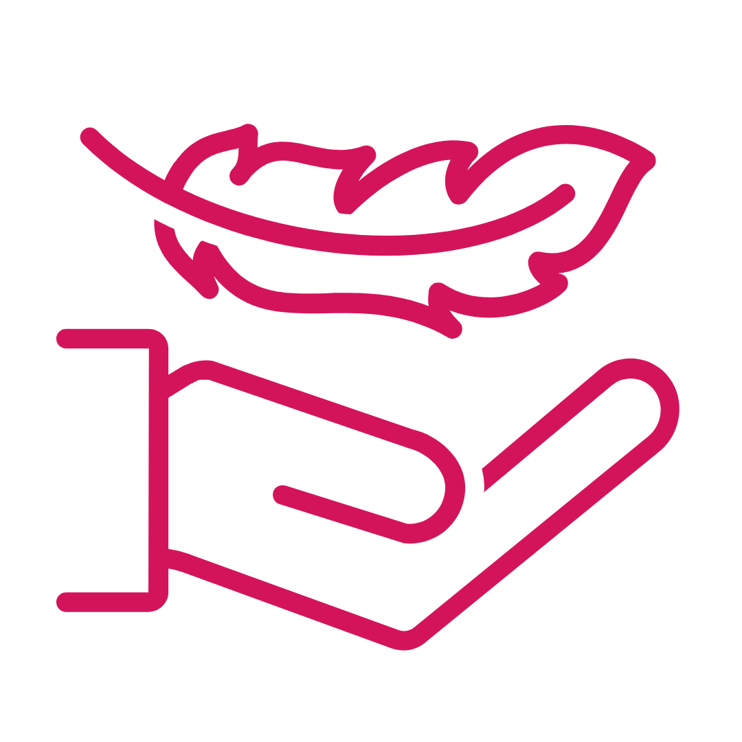 Der rosa Umriss einer Hand, die eine Feder hält, symbolisiert Fürsorge oder Leichtigkeit.