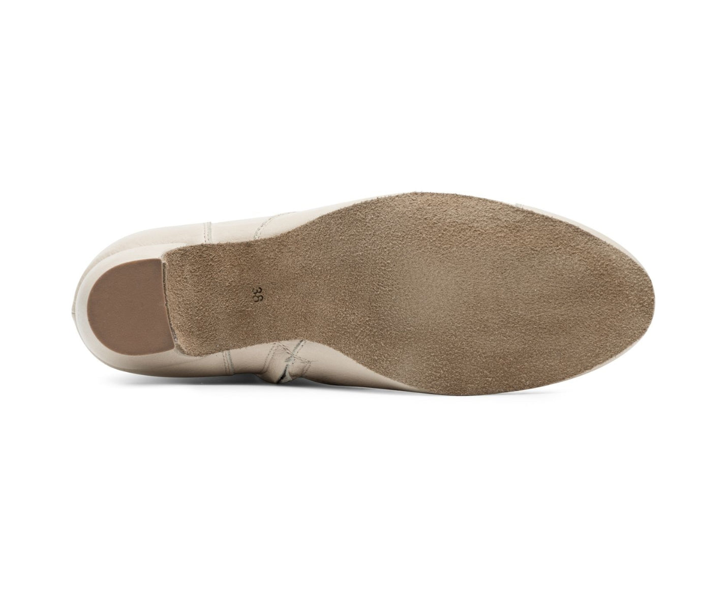 Unteransicht des Rumpf 2317 Betty Tanzstiefels in Beige mit hellbrauner Wildledersohle und kleinem beigen Fersenpolster auf weißem Hintergrund.