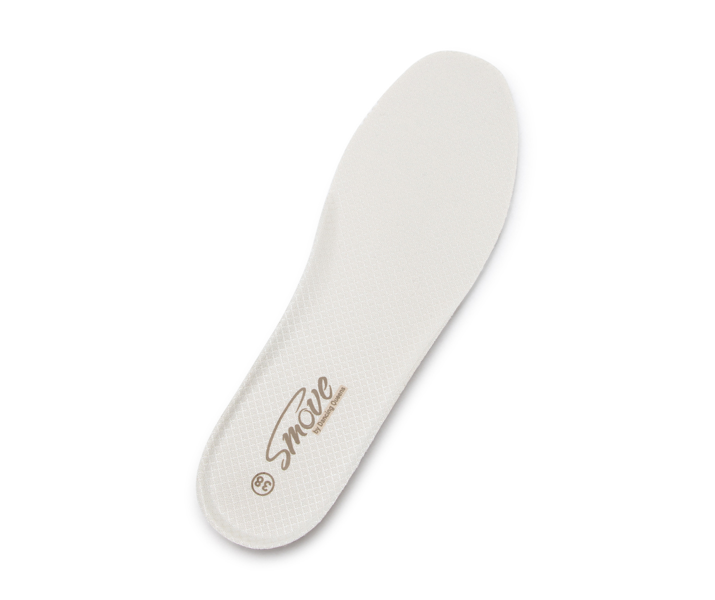 Eine einzelne weiße Einlegesohle für den Dancing Queens SMOVE Breeze Tanzsneaker in Schwarz für Frauen, markiert in der Nähe der Ferse.