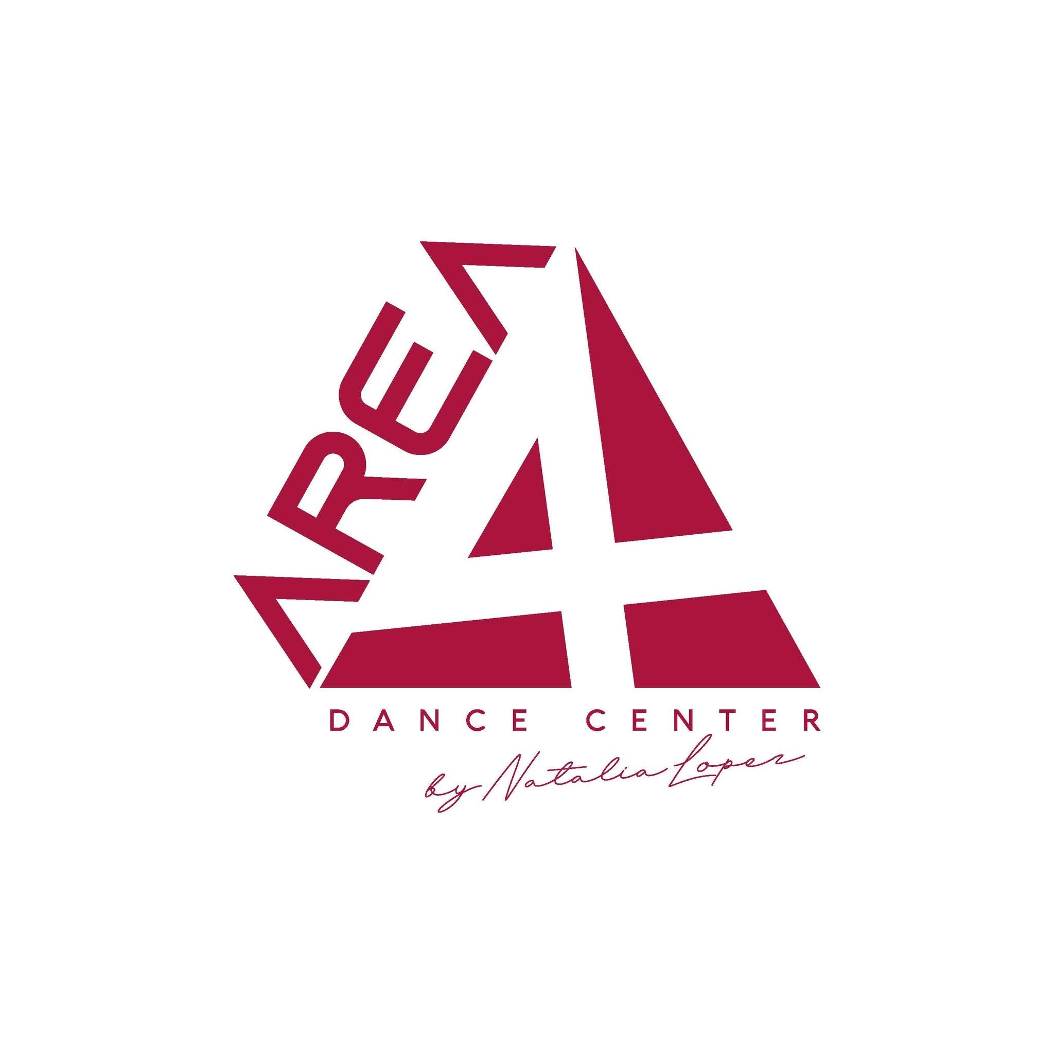 Logo „Area4 Dance Center by Natalia López“: Dreiecksform, weißer Hintergrund, mit Tanzkursen und professionellen Lehrern.