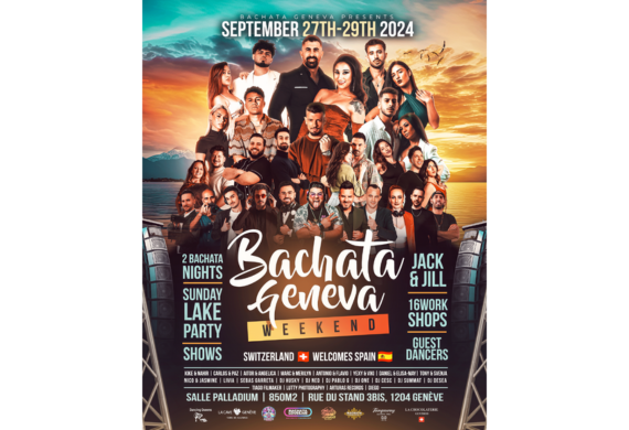 Plakat für „Bachata Geneva Weekend“ 2024 mit Veranstaltungsdetails und Bildern der Künstler.