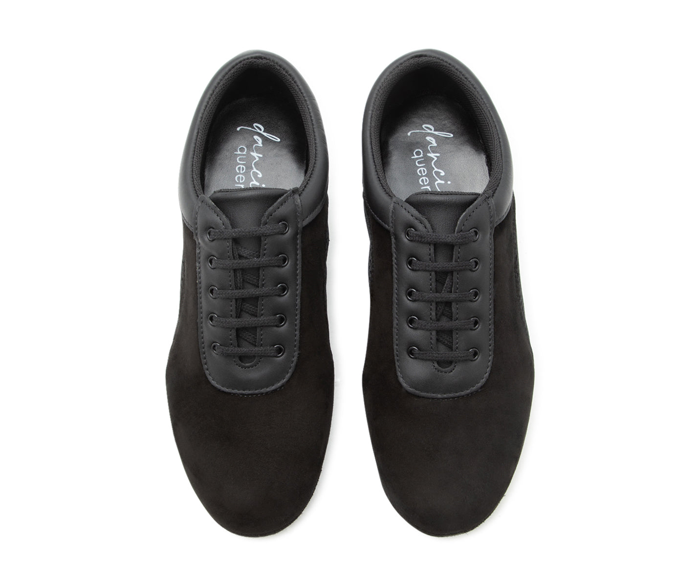 Balance Trainer-Tanzschuhe in Schwarz Wildleder von Dancing Queens von oben gesehen auf weißem Hintergrund.