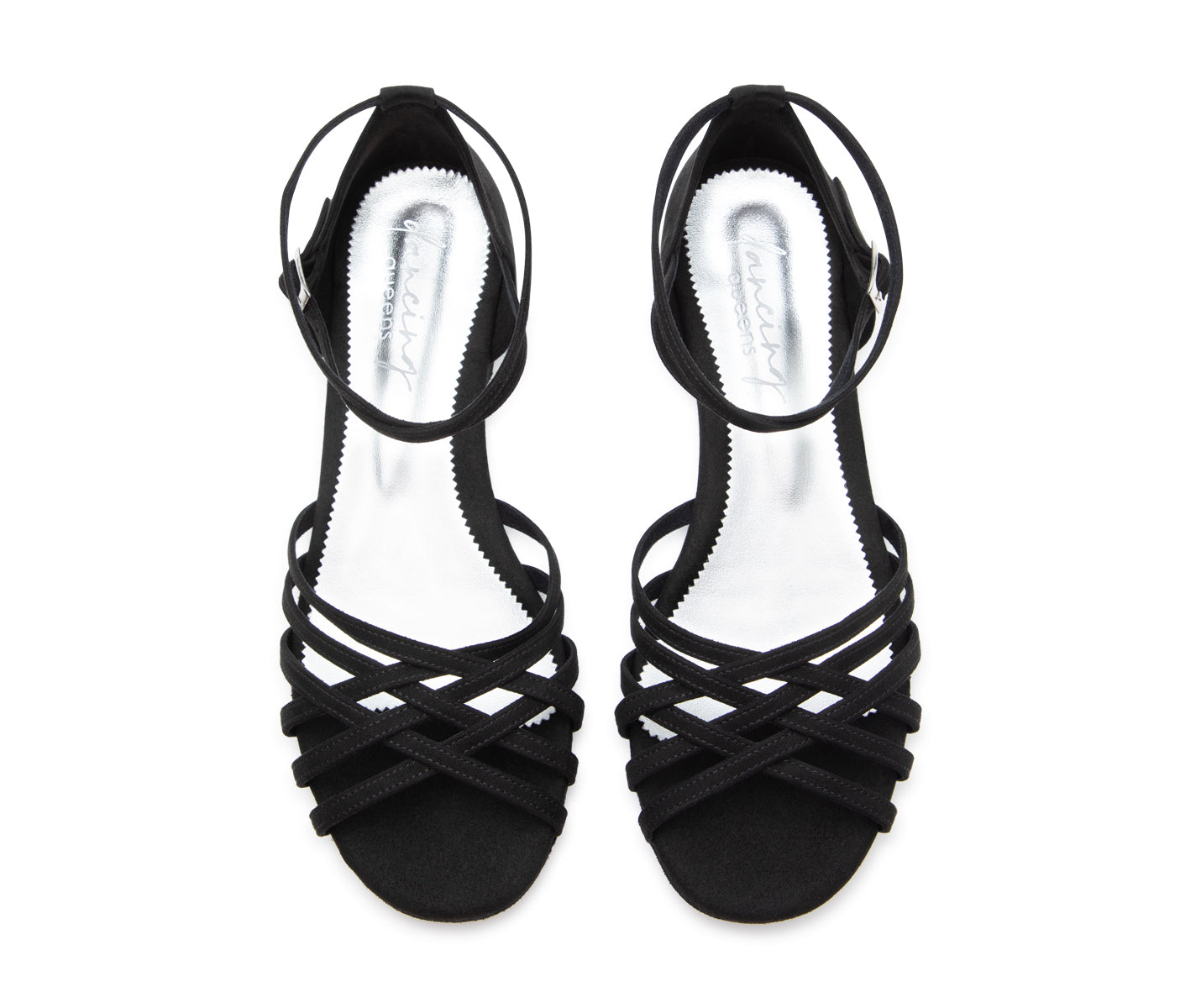 Draufsicht der Dancing Queens-Tanzschuhe DQ02 aus schwarzem Wildleder mit Knöchelriemen auf weißem Hintergrund.