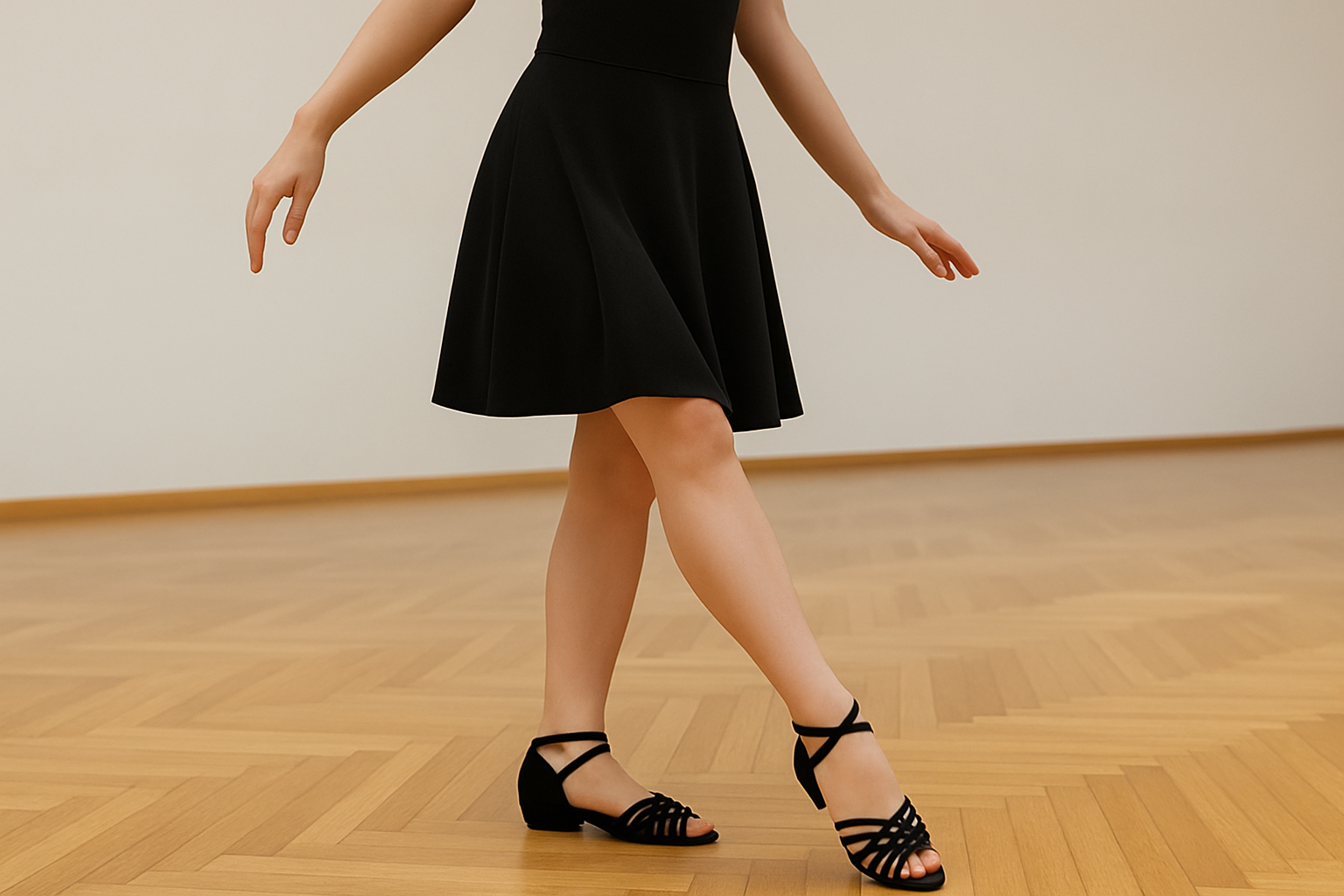 Eine Person in einem schwarzen Kleid und schwarzen Tanzschuhen posiert anmutig auf einem Holzboden.