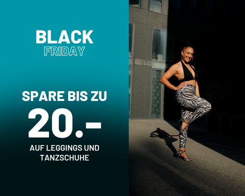 Frau posiert in Zebra-Leggings neben einer Black Friday-Verkaufsanzeige mit Rabatten auf Leggings und Tanzschuhe.