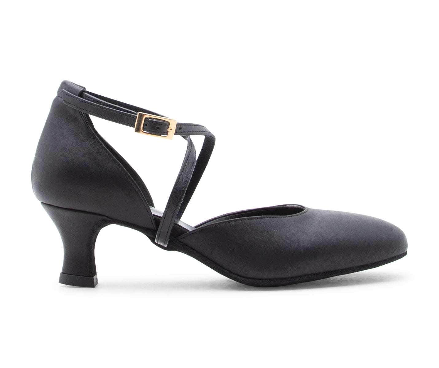 Poise Still Tanzschuhe in Schwarz Leder von Dancing Queens, seitlich mit Knöchelriemen und Schnalle auf Weiß.