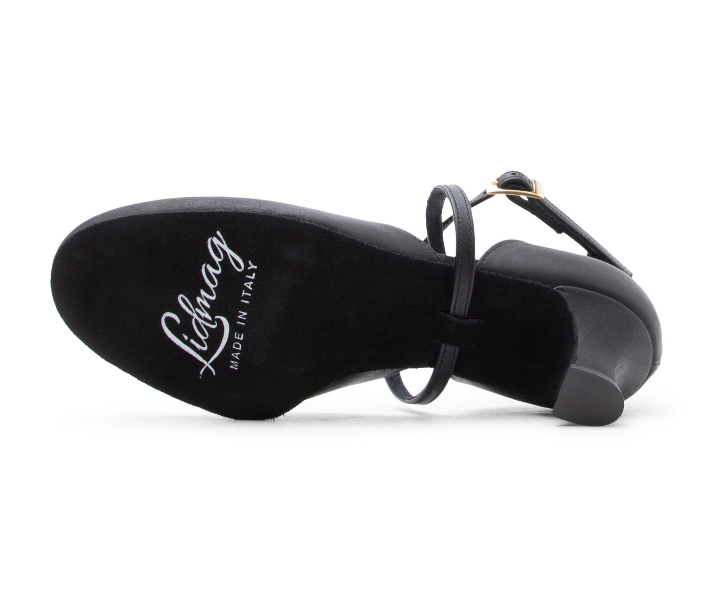 Poise Still Tanzschuhe in Schwarz Leder von Dancing Queens auf der Seite gezeigt, Sohle markiert "Made in Italy.