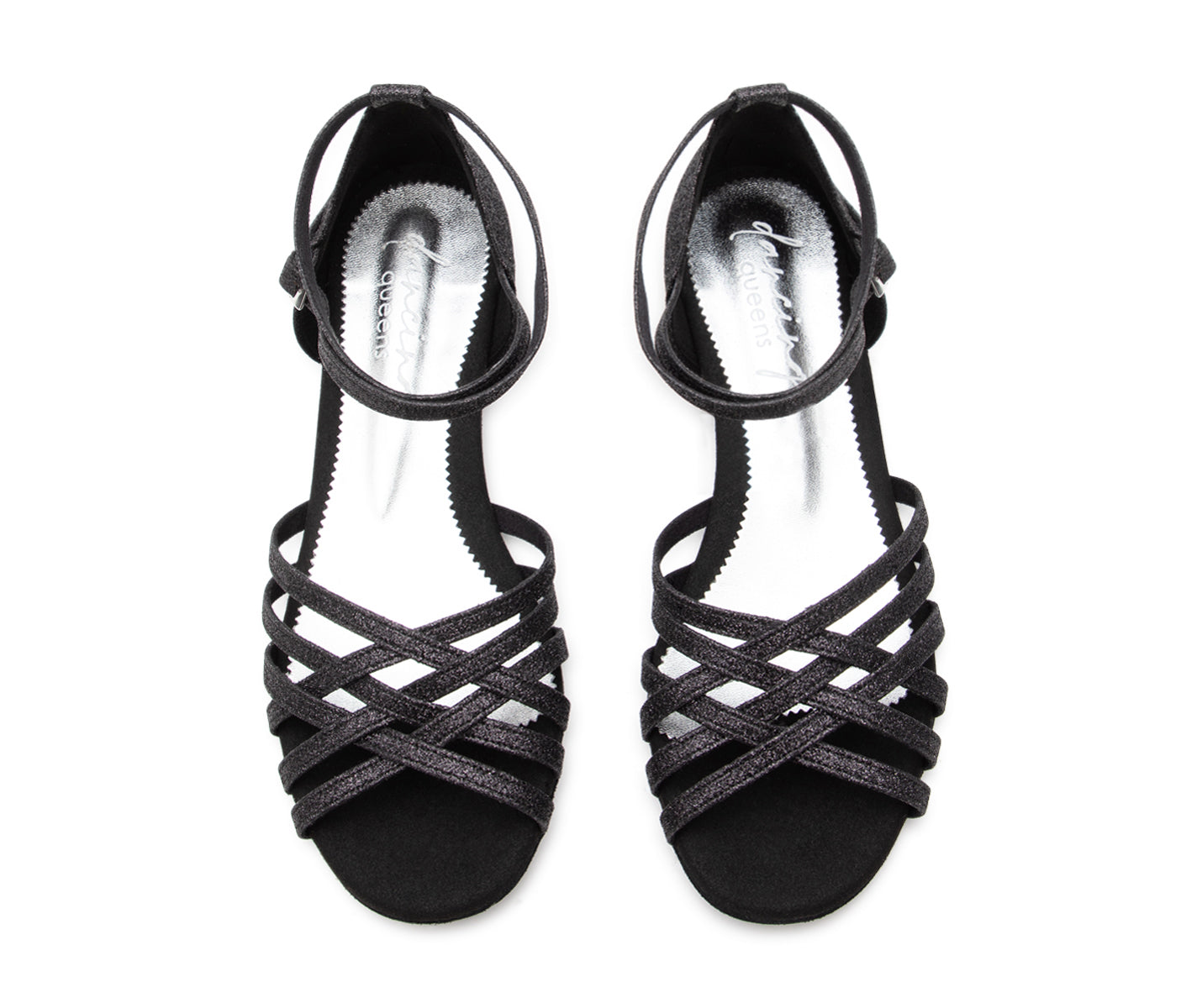 Joy Tanzschuhe in Schwarz Glitter Mikrofaser von Dancing Queens, flach mit Riemchen, von oben auf Weiß.