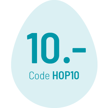 Eiförmiger blauer Hintergrund mit Text: „10.- Code HOP10“.