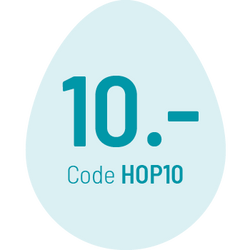Eiförmiger blauer Hintergrund mit Text: „10.- Code HOP10“.