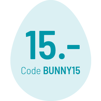 Eiförmige Grafik mit der Zahl 15 und dem Text „Code BUNNY15“ in Blaugrün.