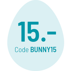 Eiförmige Grafik mit der Zahl 15 und dem Text „Code BUNNY15“ in Blaugrün.
