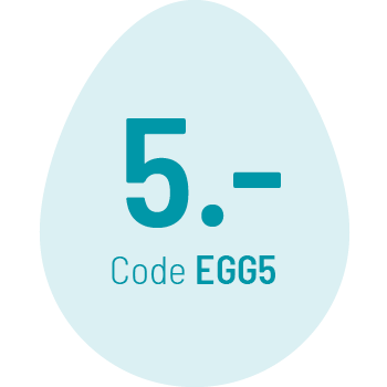 Hellblaue Eiform mit der Anzeige „5.-“ und „Code EGG5“ in blaugrünem Text.