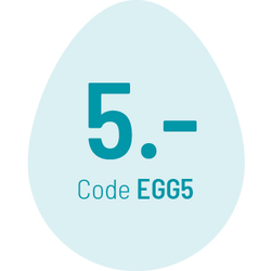 Hellblaue Eiform mit der Anzeige „5.-“ und „Code EGG5“ in blaugrünem Text.