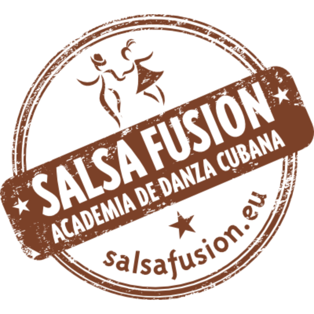 Braunes kreisförmiges Logo mit Tanzfiguren, „Salsafusion“ von Tanzkurse und „salsafusion.eu“ für Tanzveranstaltungen.