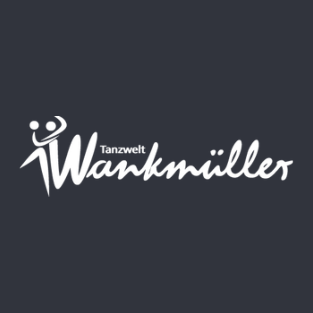 Logo mit „Tanzwelt Wankmüller“, einem tanzenden Paar, auf dunklem Hintergrund – ideal zur Werbung für Hochzeitstanzkurse.