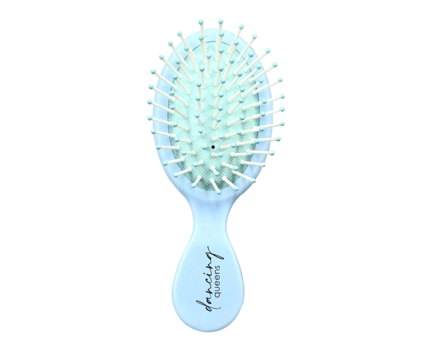 Dancing Queens Haarbürste in Hellblau mit weißen Borsten und elegantem, geschwungenem Griff.