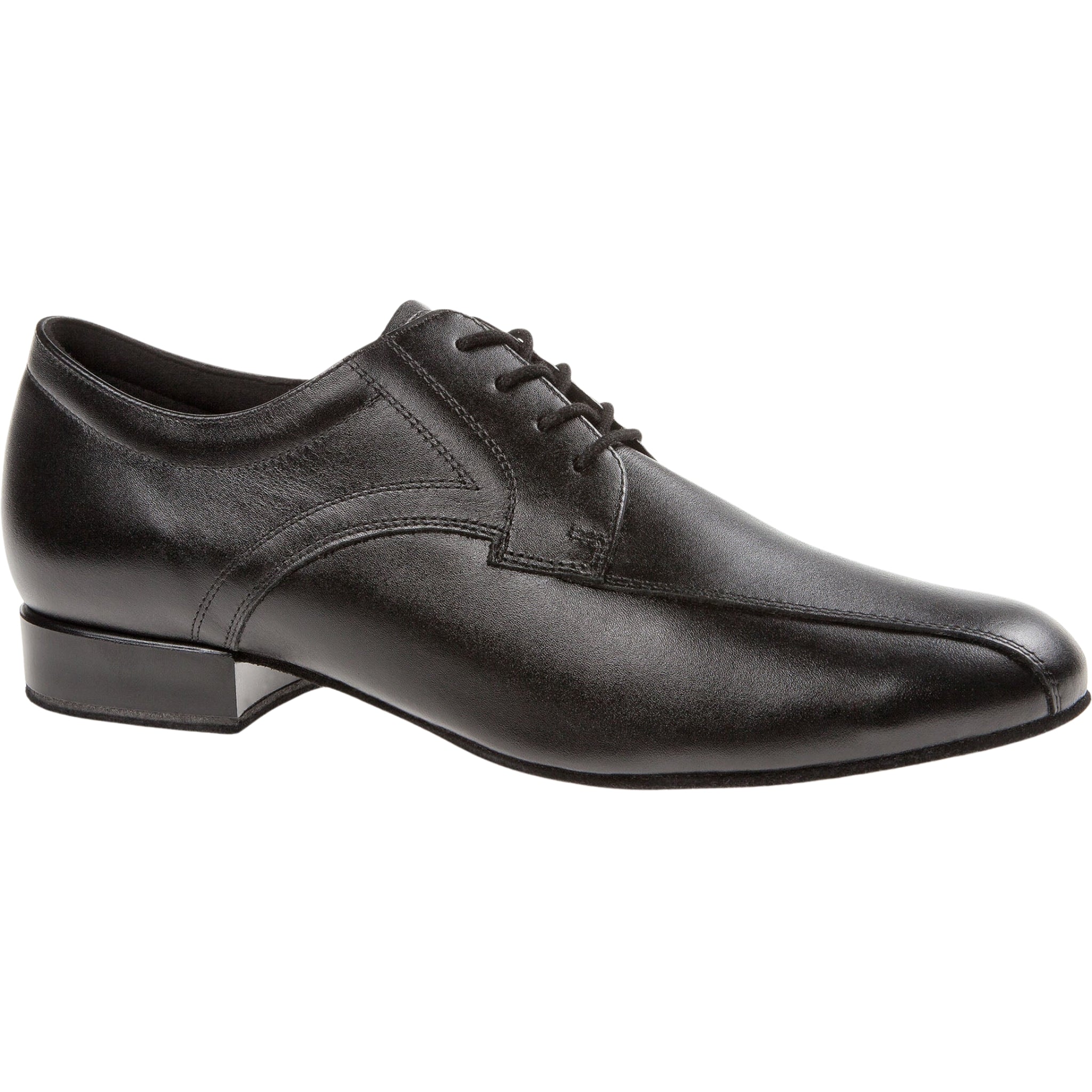 094 Tanzschuhe in Schwarz von Diamant: Klassischer schwarzer Derby-Abendschuh aus Leder mit niedrigem Absatz, Seitenansicht und Schnürdesign.