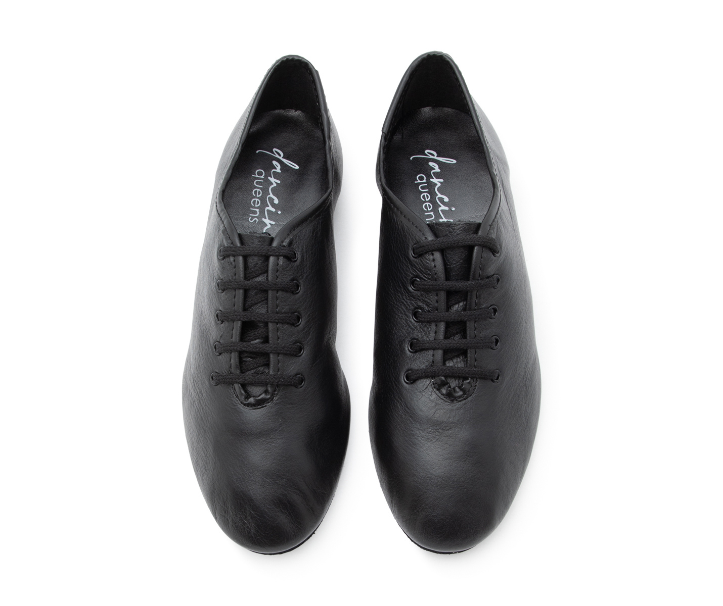 Flow Tanzschuhe in Schwarz Leder von Dancing Queens, Unisex, mit Wildledersohle, von oben auf weißem Hintergrund.
