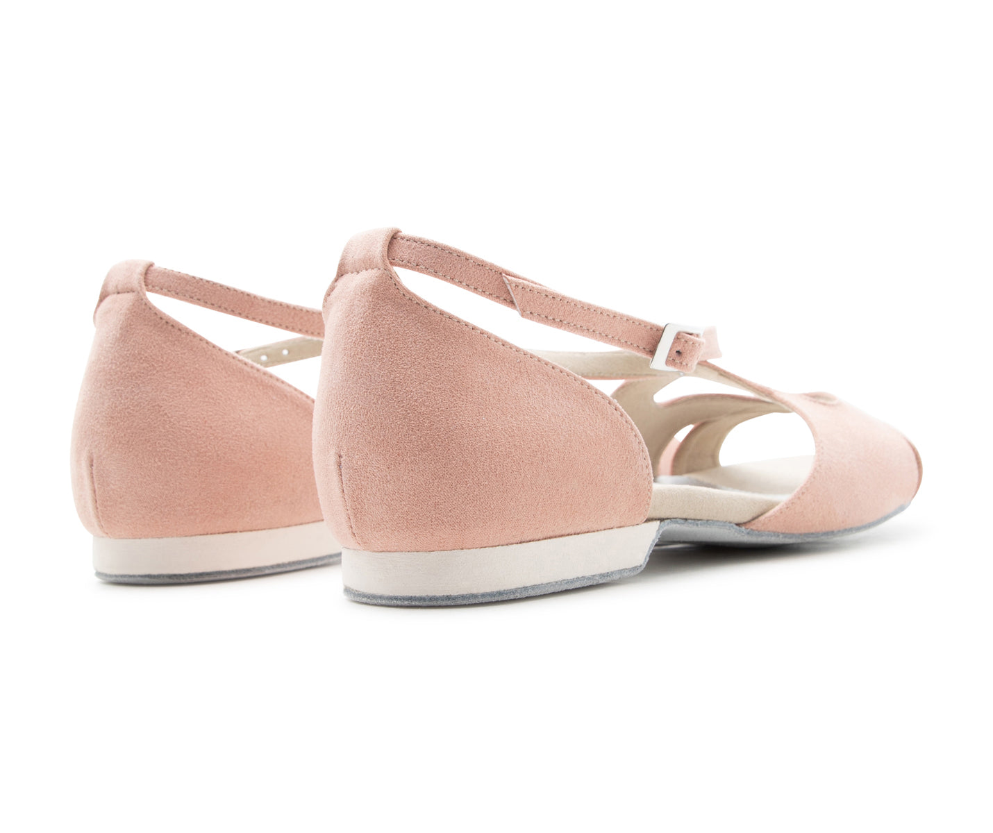 Grace Harmony Tanzschuhe in Coral Wildleder von Dancing Queens, flache Schuhe mit Knöchelriemen, von hinten gezeigt.
