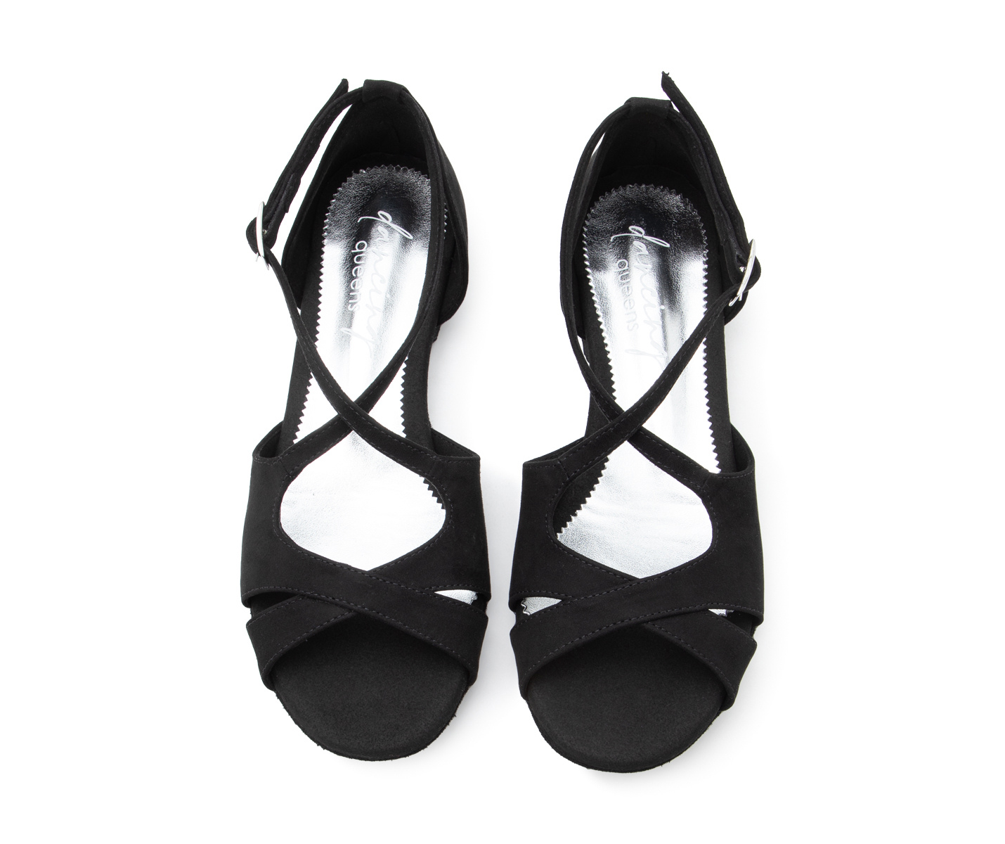 Ein Paar Dancing Queens Grace Harmony schwarze, zehenoffene Wildleder-Sandalen mit gekreuzten Riemchen.
