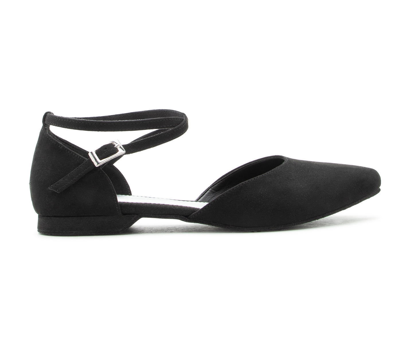 Dancing Queens Poise Desire Schwarz Wildleder Tanzschuhe, geschlossen und mit Knöchelriemen, Seitenansicht.